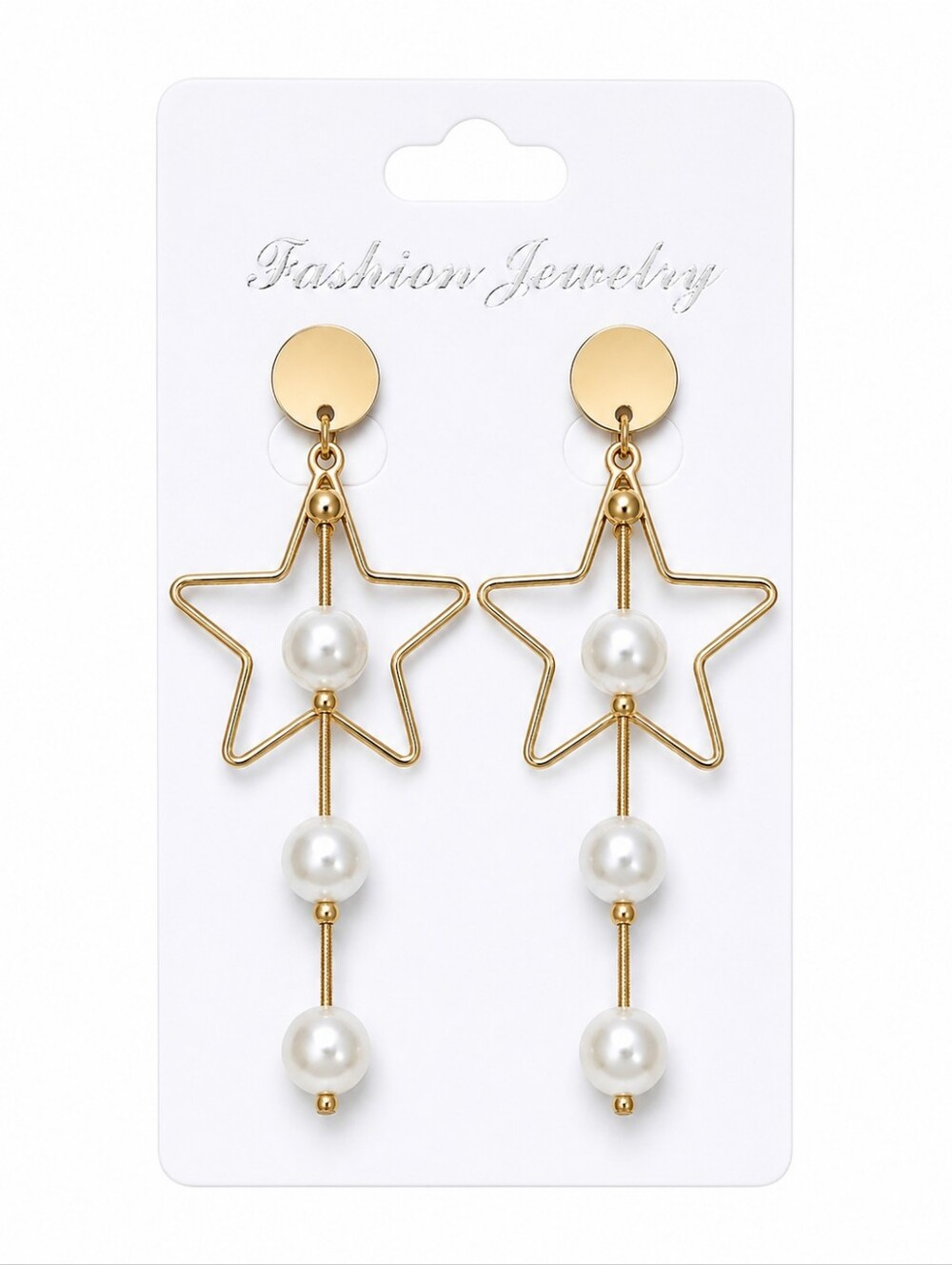 Vintage Gold Tone Star Dangle Earrings Faux Pearl Drop Statement Jewelry